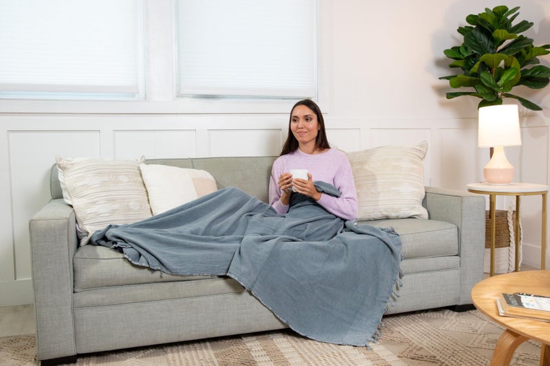 InfuseZen Stonewashed Turkish Throw Blanket - 100% Organic Turkish Cotton - 80" x 48" - Soft, Lightweight, Cozy - for Love Seat, Sofa, Picnic, Yoga - Sand Free Absorbent Beach Blanket - Denim - Image 5
